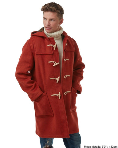 Men's Classic Fit Duffle Coat with Wooden Toggles - Burnt Orange