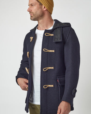 Men's Super Slim Gion Duffle Coat in Raw Wool - Navy