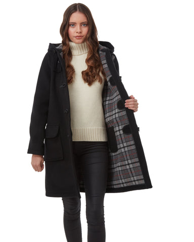 Women's Classic Fit Duffle Coat with Horn Toggles - Black