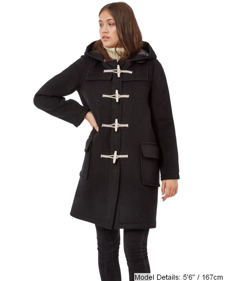 Women's Classic Fit Duffle Coat with Wooden Toggles - Black