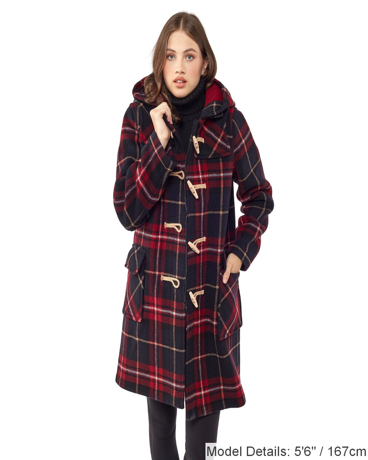 Women's Classic Fit Duffle Coat with Wooden Toggles - Burgundy Check