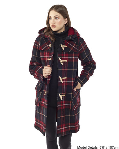 Women's Classic Fit Duffle Coat with Wooden Toggles - Burgundy Check