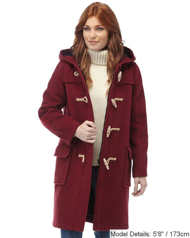 Women's Classic Fit Duffle Coat with Wooden Toggles - Burgundy