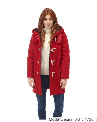 Women's Classic Fit Duffle Coat with Wooden Toggles - Red