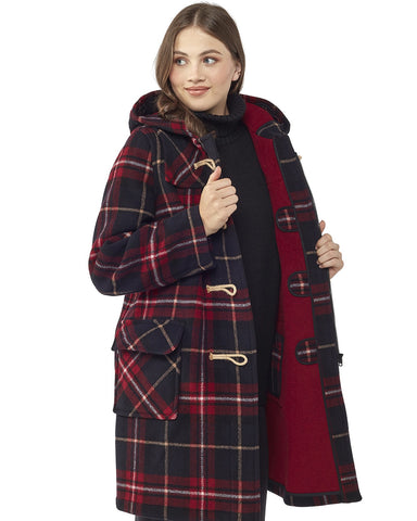 Women's Classic Fit Duffle Coat with Wooden Toggles - Burgundy Check